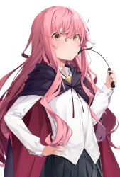 Rule 34 | 1girl, bad id, bad twitter id, black skirt, cape, collared shirt, dress shirt, flat chest, frown, hand on own hip, hand up, highres, holding, long hair, looking at viewer, louise francoise le blanc de la valliere, pink eyes, pink hair, pleated skirt, riding crop, shirt, simple background, skirt, solo, soya (torga), upper body, white background, white shirt, zero no tsukaima