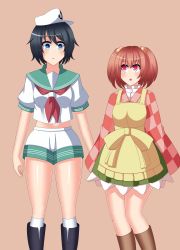 Rule 34 | 2girls, absurdres, apron, bare legs, bell, black footwear, black hair, blue eyes, boots, brown footwear, checkered sleeves, dot nose, dress, frilled dress, frills, green skirt, hair bell, hair between eyes, hair ornament, hat, height difference, highres, knee boots, kneehighs, looking at another, midriff, motoori kosuzu, multiple girls, murasa minamitsu, open mouth, pink background, pink hair, red eyes, sailor collar, sailor hat, short shorts, shorts, skirt, socks, suishinsenhiro, touhou, twintails, white legwear