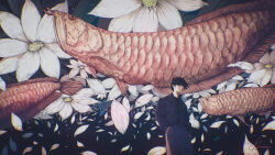 Rule 34 | 1boy, animal, arowana, belt, black background, black belt, black hair, black shirt, chromatic aberration, collared shirt, commentary request, fish, flower, grey pants, hands in pockets, highres, hiromumaru, original, oversized animal, oversized flower, pants, petals, shirt, shirt tucked in, signature, solo, surreal, white flower