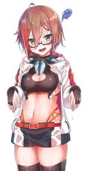 Rule 34 | 1girl, :d, ahoge, belt, blush, breasts, brown hair, cleavage, cleavage cutout, clothing cutout, commentary request, cowboy shot, crop top, glasses, green eyes, hair between eyes, highleg, highres, jacket, konnyaku (kk-monmon), ktm ag, long sleeves, looking at viewer, medium breasts, midriff, multicolored hair, nail polish, navel, open clothes, open jacket, open mouth, semi-rimless eyewear, short hair, short shorts, shorts, sidelocks, simple background, smile, solo, squiggle, standing, streaked hair, thighhighs, thighs, under-rim eyewear, white background, white jacket