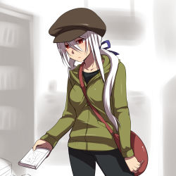 Rule 34 | 1girl, bag, between breasts, book, bow, breasts, cabbie hat, caffein, casual, hair bow, handbag, hat, hood, hoodie, large breasts, ponytail, red eyes, silver hair, solo, strap between breasts, vocaloid, yowane haku