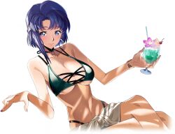 Rule 34 | 1girl, alcohol, artist request, bare shoulders, bikini, black choker, blue eyes, blue hair, blush, bracelet, breasts, cecile croomy, cherry, choker, cleavage, closed mouth, code geass, code geass: lost stories, collarbone, crossed legs, cup, dappled sunlight, drink, drinking glass, drinking straw, dutch angle, earrings, female focus, flower, food, fruit, game cg, green bikini, hands up, happy, highleg, highleg bikini, holding, holding drink, holding drinking glass, hoop earrings, ice, ice cube, jewelry, large breasts, looking at viewer, matching hair/eyes, multi-strapped bikini top, nail polish, navel, non-web source, official art, orange (fruit), orange slice, pink flower, red nails, sarong, short hair, sidelocks, simple background, sitting, skindentation, smile, solo, stomach, sunlight, sweat, swimsuit, transparent background, two-tone bikini, underboob, white sarong