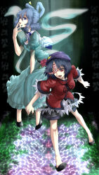 2girls black_hair black_ribbon black_shoes black_skirt blue_dress blue_hair blue_nails breasts cabbie_hat collared_vest commentary_request dress drill_hair drill_sidelocks fingernails flower full_body green_background hair_rings hat hat_ornament highres jiangshi kaku_seiga looking_at_viewer medium_breasts miyako_yoshika multiple_girls neck_ribbon ofuda open_clothes open_mouth open_vest pink_flower puffy_short_sleeves puffy_sleeves purple_hat red_eyes red_shirt ribbon shika_miso shirt short_hair short_sleeves sidelocks skirt star_(symbol) star_hat_ornament touhou vest white_vest