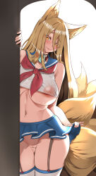Rule 34 | 1girl, absurdres, animal ears, areola slip, blonde hair, breasts, cleft of venus, collarbone, come hither, crop top, detached collar, fox ears, fox girl, fox tail, garter straps, heart, heart-shaped pupils, highres, hirume of heavenly incense, kitsune, large breasts, last origin, long hair, miniskirt, mouth hold, multiple tails, navel, neckerchief, orange eyes, peeking out, pussy, sailor collar, see-through, see-through shirt, skindentation, skirt, solo, symbol-shaped pupils, tail, very long hair, yume no hana (sbac0019)