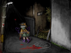 Rule 34 | 1girl, blood, bloody weapon, bow, fence, floral print, from behind, full body, green skirt, grey hair, hat, hat bow, heart, heart of string, heripantomorrow, holding, holding knife, house, knife, komeiji koishi, lamppost, long sleeves, manhole cover, night, outdoors, road, rose print, shirt, short hair, skirt, smoking pipe, solo, street, third eye, touhou, walking, weapon, yellow bow, yellow shirt