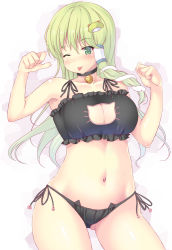 Rule 34 | 1girl, :p, bell, black bra, black panties, blush, bra, breasts, cat cutout, cat ear panties, cat lingerie, choker, cleavage, cleavage cutout, clothing cutout, collarbone, cowboy shot, frog hair ornament, green eyes, green hair, hair ornament, highres, ichio, jingle bell, kochiya sanae, large breasts, long hair, matching hair/eyes, meme attire, navel, neck bell, one eye closed, panties, paw pose, shiny skin, side-tie panties, smile, snake hair ornament, solo, thigh gap, thighs, tongue, tongue out, touhou, underwear, underwear only, very long hair