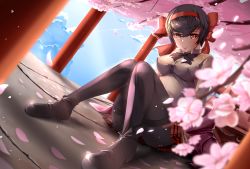 Rule 34 | 10s, 1girl, bad id, bad pixiv id, black bow, black bowtie, black footwear, black hair, black pantyhose, blurry, blurry foreground, bow, bowtie, breasts, brown eyes, cherry blossoms, closed mouth, cloud, cloudy sky, commentary request, day, depth of field, dress shirt, dutch angle, girls und panzer, girls und panzer ribbon no musha, hair bow, hair ribbon, highres, jacket, unworn jacket, long sleeves, looking at viewer, medium breasts, miniskirt, mole, mole under eye, nine (kanine41), off shoulder, outdoors, pantyhose, petals, pleated skirt, red skirt, ribbon, school uniform, shirt, short hair, sitting, skirt, sky, smile, solo, thighband pantyhose, tsuruki shizuka, white shirt, wing collar