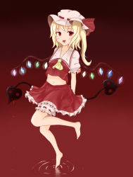 Rule 34 | 1girl, :p, bad id, bad pixiv id, bare legs, barefoot, blonde hair, blood, blood on face, female focus, flandre scarlet, goro, hat, navel, red eyes, side ponytail, solo, embodiment of scarlet devil, tongue, tongue out, touhou, wings