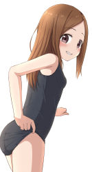 Rule 34 | 1girl, ass, bare arms, bare shoulders, black one-piece swimsuit, blush, breasts, brown eyes, brown hair, commentary request, female focus, forehead, grin, highres, karakai jouzu no takagi-san, long hair, looking at viewer, looking back, one-piece swimsuit, parted bangs, school swimsuit, simple background, small breasts, smile, solo, swimsuit, takagi-san, takasuma hiro, upper body, white background