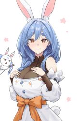 Rule 34 | 2girls, animal ear fluff, animal ears, apron, bag (chrko bag), black bodysuit, blue hair, bodysuit, braid, braided ponytail, breasts, cleavage, detached sleeves, hands on own chest, highres, hololive, large breasts, long hair, looking at viewer, mature female, mother and daughter, multicolored hair, multiple girls, pekomama, rabbit ears, rabbit girl, rabbit tail, red eyes, short eyebrows, smile, solo, streaked hair, tail, usada pekora, virtual youtuber, white apron, white background, white hair, white sleeves