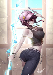 Rule 34 | 1girl, adsouto, arm up, ass, bare shoulders, breasts, casual, covered erect nipples, cowboy shot, dagger, denim, genshin impact, gloves, gradient background, hat, highres, holding, holding weapon, jeans, jewelry, knife, large breasts, looking at viewer, pants, parted lips, red eyes, red hair, rosaria (genshin impact), short hair, smile, solo, standing, weapon