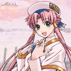 Rule 34 | aria (manga), eyebrows, green eyes, hat, japanese text, long sleeves, looking at viewer, mizunashi akari, ocean, open mouth, pink hair, pixel art, sailor hat