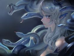 Rule 34 | 1girl, blue eyes, closed mouth, from side, highres, original, pointy ears, seuyan, snake, solo, upper body, white hair