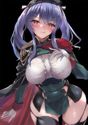Rule 34 | 1girl, :q, azur lane, beret, black background, black thighhighs, bra, bra visible through clothes, bralines, breasts, cape, dress, epaulettes, framed breasts, gloves, gluteal fold, hair between eyes, hand on own chest, hat, head back, head tilt, inoue takuya (tactactak), italian flag, lace, lace-trimmed bra, lace trim, large breasts, long sleeves, pola (azur lane), red cape, red eyes, see-through, shirt, simple background, skindentation, solo, standing, taut clothes, taut dress, thighhighs, tongue, tongue out, two-tone cape, underwear, uniform, white gloves