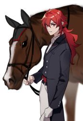 Rule 34 | 1boy, alternate costume, animal, black coat, closed mouth, coat, diluc (genshin impact), genshin impact, gloves, hair between eyes, holding, holding reins, horse, k young03, long hair, long sleeves, looking at viewer, male focus, pants, ponytail, red eyes, red hair, reins, simple background, white background, white gloves