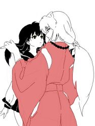 Rule 34 | 1boy, 1girl, animal ears, dog ears, eyeshadow, grabbing another&#039;s hair, higurashi kagome, inuyasha, inuyasha (character), jewelry, long hair, looking at another, makeup, monochrome, necklace, pearl necklace, sketch, spot color, ukyou (sakyoo), wide sleeves
