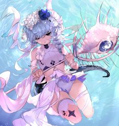 Rule 34 | 024th, 1girl, absurdres, arknights, blue flower, bubble, commentary, crocodilian tail, flower, grey eyes, hair flower, hair ornament, head wreath, highres, holding, holding staff, long hair, looking at viewer, official alternate costume, one-piece swimsuit, one eye closed, solo, staff, swimsuit, tail, thigh strap, tomimi (arknights), tomimi (silent night) (arknights), underwater, waist cutout, white flower, white hair, white one-piece swimsuit