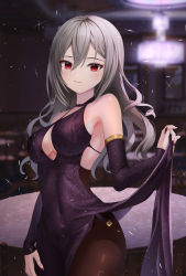 Rule 34 | 1girl, alternate hairstyle, bare shoulders, black dress, black pantyhose, black sleeves, breasts, cleavage, cleavage cutout, clothes lift, clothing cutout, commentary request, covered navel, detached sleeves, dress, dress lift, hair between eyes, hair down, highres, idolmaster, idolmaster cinderella girls, kanzaki ranko, large breasts, light blush, long hair, looking at viewer, nail polish, pantyhose, pink nails, raurashun, red eyes, smile, solo, wavy hair