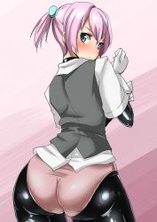 Rule 34 | 1girl, alternate costume, ass, ayuayu (shouyu no sato), blue eyes, blush, bodysuit, bodysuit under clothes, dressing, glove pull, gloves, hand up, hip focus, huge ass, kantai collection, latex, light purple hair, looking at viewer, looking back, panties, partially undressed, pink background, pink panties, ponytail, shiranui (kancolle), shirt, simple background, skin tight, solo, taut clothes, thighs, underwear, vest, white gloves, white shirt, wide hips