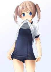 Rule 34 | 1girl, blue eyes, blue one-piece swimsuit, clothes pull, commentary request, cowboy shot, gym shirt, highres, light brown hair, mouth hold, old school swimsuit, one-piece swimsuit, one-piece swimsuit pull, original, school swimsuit, shibacha, shirt, short hair, short twintails, simple background, solo, standing, swimsuit, t-shirt, twintails, white background, white shirt