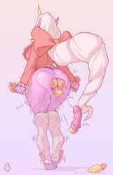 Rule 34 | anal, anal object insertion, ass, bow, breasts, butt plug, colored skin, demimond23, dildo, frilled jacket, frills, from behind, full body, furry, furry female, gradient background, grey socks, heart, heart tattoo, hooves, horns, huge bow, huge breasts, jacket, kneehighs, league of legends, long hair, long sleeves, object insertion, pink skin, pointy ears, red bow, red jacket, sex toy, shoes, single horn, socks, soraka (league of legends), standing, tattoo, white hair