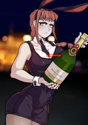 Rule 34 | 1girl, animal ears, artist name, black necktie, blurry, blurry background, bottle, braid, braided ponytail, chainsaw man, champagne bottle, collared shirt, cottonwings, dress, fake animal ears, holding, holding bottle, looking at viewer, makima (chainsaw man), medium hair, necktie, parted lips, pinafore dress, rabbit ears, red hair, shirt, sidelocks, sleeveless, sleeveless dress, sleeveless shirt, solo, white shirt, wrist cuffs, yellow eyes