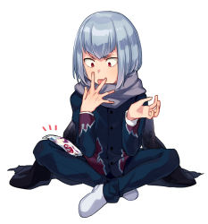 Rule 34 | 1boy, anti (ssss.gridman), asada hachi, bag, bob cut, buttons, commentary request, flame print, full body, gakuran, grey scarf, gridman universe, indian style, licking, licking finger, looking at object, male focus, medium hair, notice lines, red eyes, scarf, school uniform, shoes, silver hair, simple background, sitting, solo, ssss.gridman, tongue, tongue out, twitter username, watermark, white background, white footwear