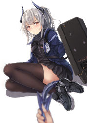 Rule 34 | 1girl, arknights, ballistic shield, black footwear, black shirt, black skirt, black thighhighs, black vest, blue jacket, blurry, blush, closed mouth, cross-laced footwear, dazzler (weapon), depth of field, dragon horns, dragon tail, electroshock weapon, embarrassed, flash shield, flashlight, frown, full body, highres, hood, hooded jacket, horns, jacket, less-than-lethal weapon, liskarm (arknights), long hair, looking at viewer, lying, medium hair, miniskirt, name tag, on side, open clothes, open jacket, out of frame, pleated skirt, ponytail, pov, red eyes, ribbed shirt, shadow, shield, shirt, shoes, silver hair, simple background, skirt, sneakers, solo focus, strap, stun shield, sweatdrop, tail, tail grab, thighhighs, thighs, turtleneck, vest, white background, yuemanhuaikong, zettai ryouiki