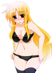 Rule 34 | 1girl, black bra, black panties, blonde hair, blush, bra, breasts, commentary, cowboy shot, engo (aquawatery), fate testarossa, frown, gluteal fold, groin, large breasts, leaning forward, long hair, looking at viewer, lyrical nanoha, navel, open mouth, panties, panty pull, pulling own clothes, red eyes, shiny skin, skindentation, solo, standing, thigh gap, thighs, underwear, underwear only, very long hair