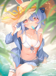 Rule 34 | 1girl, animal ears, arm support, armpits, bare shoulders, bikini, blue hair, blush, breasts, bridal garter, cleavage, collarbone, food, food in mouth, front-tie top, hair between eyes, hand on headwear, hat, highres, hololive, looking at viewer, medium breasts, miniskirt, mouth hold, navel, off shoulder, open clothes, open shirt, outdoors, pleated skirt, popsicle, popsicle in mouth, rabbit ears, red eyes, ribbon, ruien (wu jui-en), shallow water, sitting, skirt, solo, stomach, straw hat, string bikini, sun hat, sunlight, swimsuit, thighs, usada pekora, virtual youtuber, water, yellow ribbon