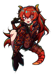 Rule 34 | 1girl, absurdres, dola (nijisanji), dragon girl, dragon tail, highres, horns, kerenmi, nijisanji, red eyes, red hair, solo, tail, virtual youtuber, white background