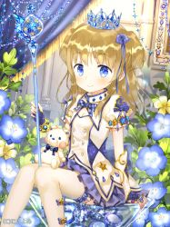 Rule 34 | blue bow, blue eyes, blue flower, blue ribbon, blue skirt, blush, bow, breasts, brown hair, copyright request, crown, curtains, ebisque, fingerless gloves, flower, gem, gloves, indoors, looking at viewer, official art, princess sapphire, ribbon, scepter, sitting, skirt, small breasts, smile, solo, stuffed animal, stuffed toy, teddy bear, thighhighs, two side up, white thighhighs