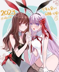 Rule 34 | 2023, 2girls, :d, animal ears, bb (fate), black thighhighs, blush, bow, breasts, brown eyes, brown hair, cleavage, collarbone, commentary request, detached collar, fate/extra, fate/extra ccc, fate (series), gloves, hair bow, highres, holding hands, kishinami hakuno (female), leotard, long hair, medium breasts, multiple girls, neck ribbon, open mouth, pantyhose, playboy bunny, purple eyes, purple hair, rabbit ears, rdbka 00, red bow, red ribbon, ribbon, signature, smile, thighhighs, translation request, very long hair, white gloves, white pantyhose