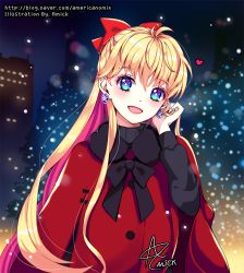 Rule 34 | 1girl, :d, aino minako, amick (americanomix), artist name, bad id, bad pixiv id, bishoujo senshi sailor moon, black bow, blonde hair, blue eyes, blush, bow, bowtie, cityscape, coat, earrings, hair bow, half updo, heart, jewelry, long hair, looking at viewer, multicolored eyes, night, open mouth, red bow, smile, solo, symbol-shaped pupils, very long hair, watermark, web address, winter, winter clothes, winter coat