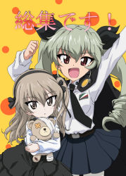 Rule 34 | 10s, 2girls, :d, anchovy (girls und panzer), anzio school uniform, arms up, bad id, bad pixiv id, bandages, belt, black belt, black cape, black neckwear, black ribbon, black skirt, bow, bowtie, brown eyes, cape, casual, clenched hand, collared shirt, commentary request, cowboy shot, dress shirt, drill hair, emblem, girls und panzer, green hair, hair ribbon, high-waist skirt, holding, holding stuffed toy, kanau, layered skirt, light brown hair, long hair, long sleeves, looking at viewer, miniskirt, multiple girls, necktie, open mouth, pantyhose, pleated skirt, polka dot, polka dot background, red eyes, ribbon, riding crop, school uniform, shimada arisu, shirt, side ponytail, skirt, smile, standing, stuffed animal, stuffed toy, suspender skirt, suspenders, teddy bear, translation request, twin drills, twintails, white legwear, white shirt, yellow background