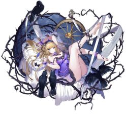 Rule 34 | 1girl, ankle cuffs, ark order, babydoll, bare legs, bare shoulders, barefoot, bed sheet, bird, black bow, blonde hair, blue eyes, bow, breasts, bridal garter, crow, crown, crystal, flower, full body, hair bow, hatoyama itsuru, large breasts, looking at viewer, lying, official art, on back, open mouth, pillow, purple babydoll, rose, sleeping beauty, sleeping beauty (ark order), sleeping beauty (character), solo, spindle, spinning wheel, tachi-e, thorns, transparent background, white flower, white rose, wrist cuffs