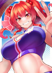 Rule 34 | 1girl, alternate costume, blue tank top, border, breasts, cheerleader, commentary request, eyes visible through hair, from below, grin, hair bobbles, hair ornament, highres, kupala, large breasts, looking at viewer, medium hair, midriff, navel, onozuka komachi, red eyes, red hair, skull print, smile, solo, stomach, tank top, touhou, touhou lostword, upper body, v, white border