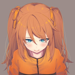Rule 34 | 1girl, akino sora, blue eyes, blush, brown hair, closed mouth, commentary request, grey background, hair between eyes, hair ribbon, highres, jacket, long hair, looking at viewer, orange jacket, orange ribbon, original, ribbon, simple background, solo, two side up, very long hair, zipper pull tab