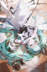 Rule 34 | 1girl, aqua eyes, aqua hair, black footwear, black ribbon, black shirt, blurry, blurry background, breasts, closed mouth, commentary, depth of field, elbow gloves, english commentary, floor, flying paper, frills, from above, glint, gloves, hair between eyes, hatsune miku, headphones, high heels, highres, holding, holding microphone stand, indoors, light particles, long hair, long skirt, looking at viewer, lying, medium breasts, microphone, microphone stand, neck ribbon, on back, pantyhose, paper, pleated skirt, ribbon, shiny clothes, shirt, skirt, smile, solo, striped clothes, striped shirt, ttk (kirinottk), twintails, upside-down, vertical-striped clothes, vertical-striped shirt, vocaloid, white gloves, white pantyhose, white skirt