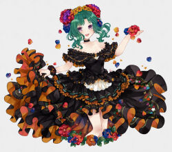 Rule 34 | 1girl, :d, aqua hair, bare shoulders, black choker, black dress, blue flower, breasts, choker, cleavage, clothes lift, collarbone, colored eyelashes, dress, dress lift, fate/grand order, fate (series), flower, flower wreath, hair intakes, head wreath, highres, holding, holding flower, lifted by self, medium breasts, medium hair, multicolored flower, off-shoulder dress, off shoulder, open mouth, orange flower, petals, purple eyes, purple flower, red flower, salome (fate), simple background, smile, solo, sumisu (rinsumi), teeth, upper teeth only, white background, yellow flower