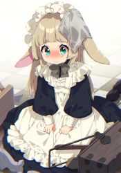 Rule 34 | 1girl, animal ears, apron, black dress, black footwear, blush, bow, broken, brown hair, checkered floor, closed mouth, commentary request, dress, frilled apron, frills, grey bow, highres, long hair, long sleeves, maid, maid apron, mamyouda, nose blush, original, puffy long sleeves, puffy sleeves, rabbit ears, shoes, unworn shoes, short eyebrows, signature, solo, tears, thick eyebrows, vase, very long hair, wavy mouth, white apron