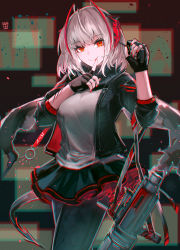 Rule 34 | 1girl, absurdres, arknights, black jacket, black pantyhose, breasts, demon horns, demon tail, detonator, fingerless gloves, gloves, gun, highres, horns, huge filesize, jacket, large breasts, nail polish, ootato, pantyhose, red eyes, red nails, scar, scar on arm, scarf, silver hair, skirt, smile, solo, tail, w (arknights), weapon