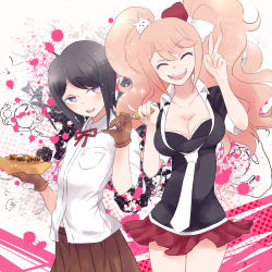 Rule 34 | 2girls, arms up, black hair, black shirt, blonde hair, blush, bow, bra, breast pocket, breasts, brown gloves, brown skirt, cleavage, closed eyes, collarbone, collared shirt, danganronpa (series), danganronpa 3 (anime), enoshima junko, eyebrows, food, freckles, gloves, hair bow, hair ornament, holding, holding food, holding weapon, ice pick, ikusaba mukuro, incest, lace, lace bra, looking at another, midriff, midriff peek, multiple girls, neck ribbon, necktie, open mouth, partially open shirt, pocket, purple eyes, rabbit hair ornament, red ribbon, red skirt, ribbon, shirt, siblings, sisters, skirt, sleeves rolled up, smile, teeth, thighs, tongue, twincest, twins, twintails, underwear, upper teeth only, v, weapon, white neckwear, white shirt