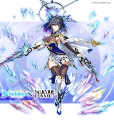 Rule 34 | 1girl, armor, black hair, blue eyes, blue hair, breasts, commentary, crossover, earrings, english commentary, full body, hair intakes, hair ornament, holding, holding weapon, hololive, hololive english, jewelry, large breasts, looking at viewer, official alternate costume, official art, ouro kronii, short hair, solo, valkyrie connect, virtual youtuber, weapon