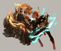 Rule 34 | 1boy, 1girl, armlet, battle, blonde hair, boots, bowsette, bracelet, clenched hands, collar, crown, dress, earrings, fire, gloves, grey background, highres, holding, holding weapon, horns, jewelry, kendy (revolocities), looking at another, lord peach, mario (series), muscular, muscular female, new super mario bros. u deluxe, nintendo, open mouth, parasol, pointy ears, ponytail, red hair, shell, simple background, sleeveless, sleeveless dress, spiked armlet, spiked bracelet, spiked collar, spiked shell, spikes, umbrella, weapon, white gloves