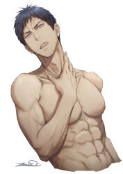Rule 34 | 1boy, abs, aomine daiki, blue eyes, blue hair, kuroko no basuke, male focus, muscular, muscular male, navel, nipples, pectorals, signature, simple background, solo, tongue, tongue out, topless male, upper body, white background, zawar379