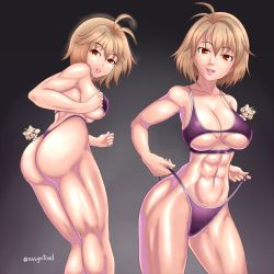 Rule 34 | 1girl, abs, absurdres, alternate costume, antenna hair, arcueid brunestud, ass, ass focus, assymptoad, bikini, blonde hair, breasts, cleavage, cleavage cutout, clothing cutout, collarbone, hair between eyes, highres, looking at viewer, melty blood, melty blood: type lumina, muscular, muscular female, muscular legs, navel, neco-arc, red eyes, short hair, smile, solo, swimsuit, thong, thong bikini, toned, toned female, toned stomach, tsukihime, tsukihime (remake), underboob