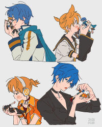 Rule 34 | 2boys, arm warmers, black choker, blonde hair, blue eyes, blue hair, blue scarf, blush, choker, closed eyes, collarbone, commentary request, dated, from side, guilty (module), hair between eyes, headphones, highres, kagamine len, kaito (vocaloid), kiii 4590, male focus, multiple boys, nail polish, open mouth, project diva (series), scarf, short hair, smile, sweatdrop, upper body, vocaloid, white background, wire, yaoi