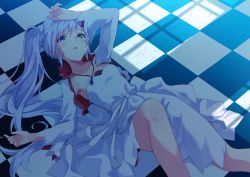 Rule 34 | 1girl, arm over head, armpit peek, blue eyes, blush, breasts, checkered floor, collarbone, dress, jewelry, knee up, long hair, lying, mikuni raizu, on back, on floor, open mouth, pendant, rwby, scar, scar across eye, scar on face, shadow, shrug (clothing), side ponytail, small breasts, solo, strapless, strapless dress, weiss schnee, white dress