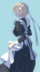 Rule 34 | 1girl, alternate costume, apron, black dress, blonde hair, blue background, blue eyes, blush, dress, enmaided, hair between eyes, highres, juliet sleeves, kantai collection, lips, long hair, long sleeves, maid, maid apron, maid headdress, mole, mole under eye, mole under mouth, puffy sleeves, richelieu (kancolle), shingyou (alexander-13), simple background, solo, white apron
